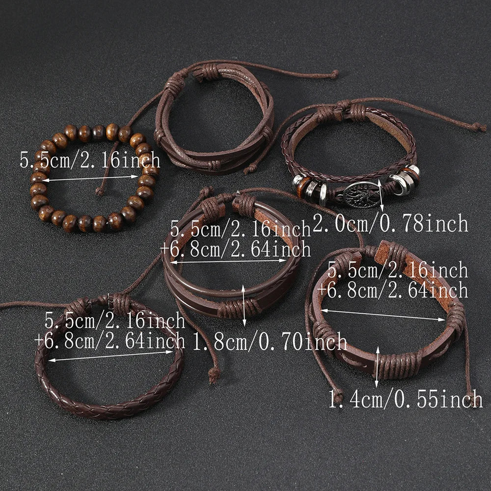 Punk Casual Bead6 Teil/satz Baum Schwarz Khaki Handgemachte Männer Armbänder Männlichen Frauen Leder Armbänder Männer Armreif Großhandel Schmuck Geschenk
