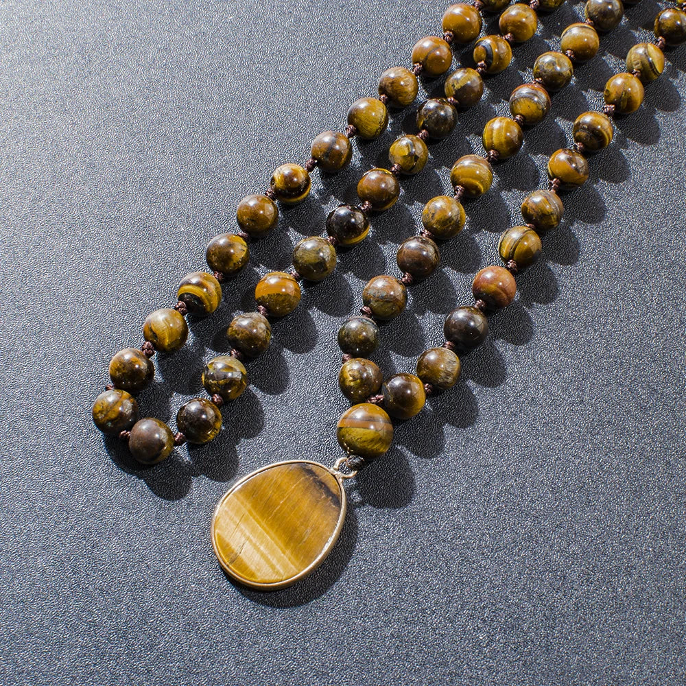 8 mm gelber Tigerauge-Perlenknoten, 108 Mala-Halskette, Meditation, Yoga, Gebetsschmuck mit Tigerauge-Anhänger für Männer und Frauen