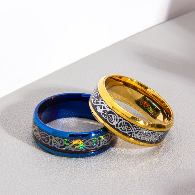 20 Farben Herrenschmuck Rot Blau Schwarz Drache Inlay Comfort Fit Edelstahlringe für Hochzeit Breite 8 mm