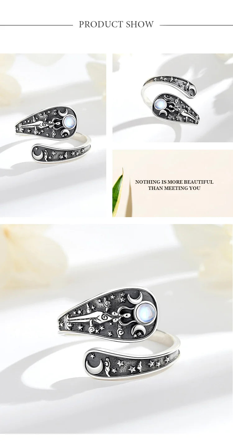 Eudora Verstellbarer Ring aus 925er-Sterlingsilber mit dreifacher Mondgöttin, Mondstein, Hekate, Amulett, Löffelring, Vintage-Schmuck, Geschenk für Frauen