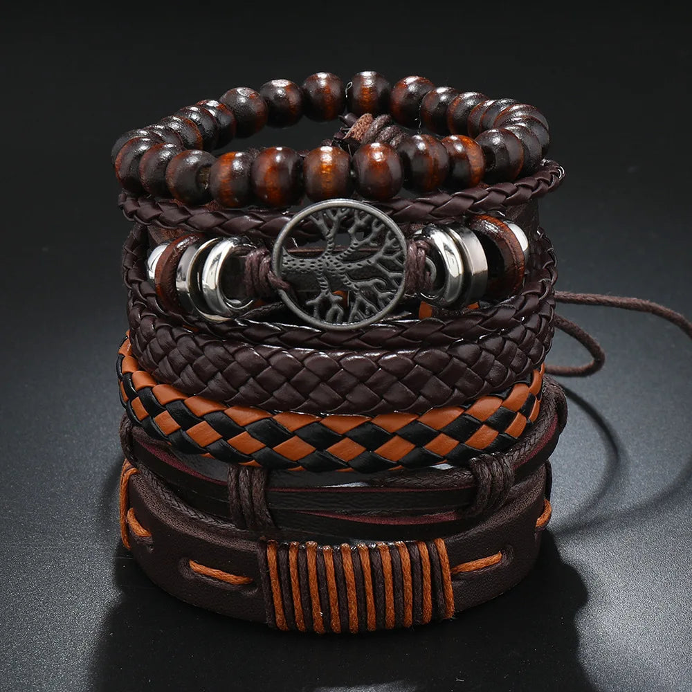 Punk Casual Bead6 Teil/satz Baum Schwarz Khaki Handgemachte Männer Armbänder Männlichen Frauen Leder Armbänder Männer Armreif Großhandel Schmuck Geschenk