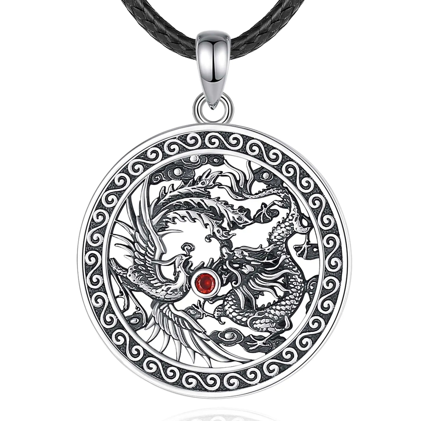 Eudora Halskette aus 925er-Sterlingsilber, Phoenix-Drachen-Halskette für Damen und Herren, Vintage-Stil, roter Zirkon, Sonnenamulett-Anhänger, Persönlichkeitsschmuck, Geschenk