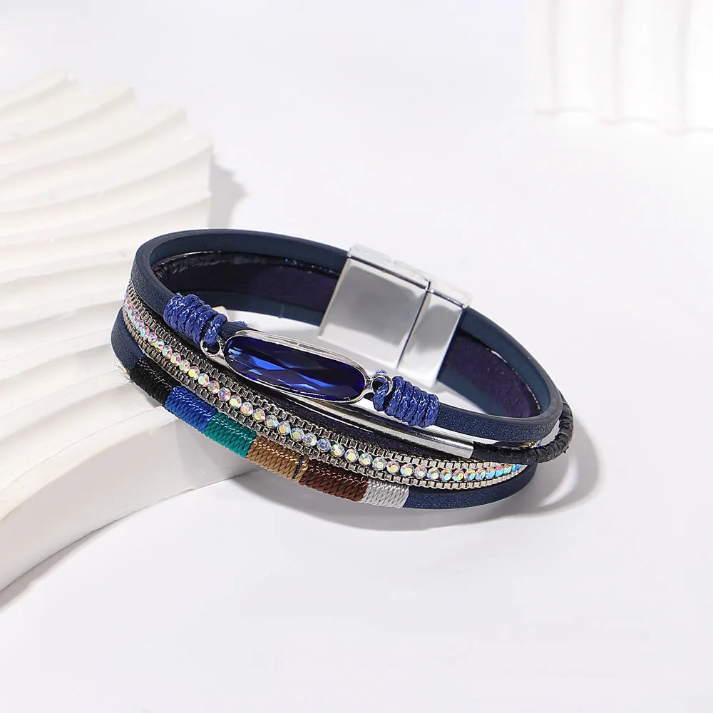 ALLYES Retro Blaue Lederarmbänder für Damen Herren Boho Charm Perle Kristall Herz Mehrschichtiges Wickelarmband & Armreif Schmuck Geschenke