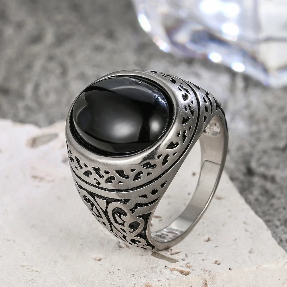 Vintage-Ring aus 925er Silber, natürlicher schwarzer Onyx-Ring, kreisförmiger Denier-Typ, Pferdeauge-Design, Geschenk, edler Schmuck, schwarzer Ring für Männer und Frauen