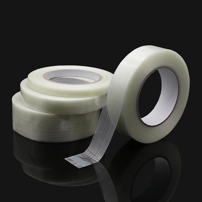 50 m/Rolle Glasfaserband, Breite 5–80 mm, Verpackungsband, feste Versiegelung, transparent, gestreift, einseitig stark haftende Klebebänder