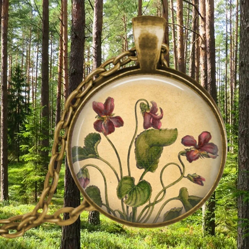 Vintage Antik vergoldete bunte süße Erbsenblume Glas Anhänger Halskette für Frauen Schmuck