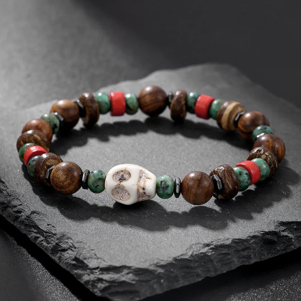 1PC Pulseras Hombre Vintage Tribal Holz Perlen Mann Armbänder Pulseiras Masculina Lava Stein Perlen Männliche Armbänder Homme