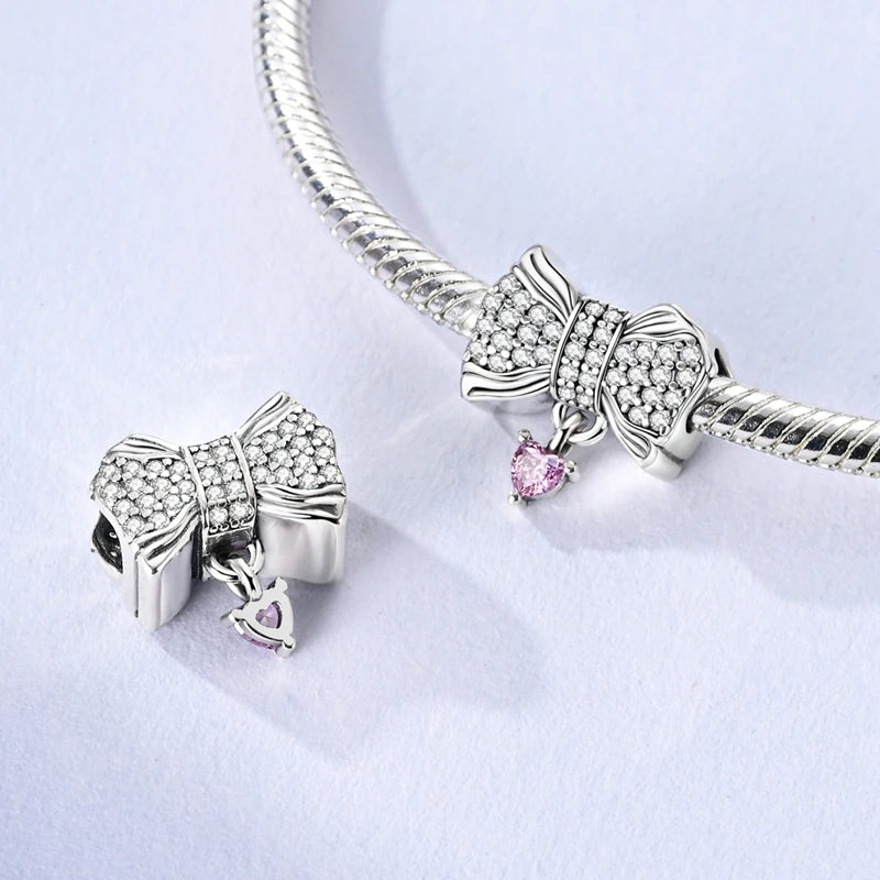 Rosa Charms aus 925er-Sterlingsilber, Perlen, Schmetterling, Parfümflasche, Krone, herzförmiger Zirkon, Charms für Frauen, feiner DIY-Schmuck, Geschenke