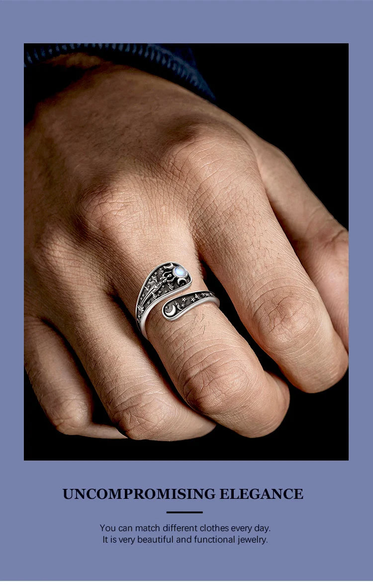 Eudora Verstellbarer Ring aus 925er-Sterlingsilber mit dreifacher Mondgöttin, Mondstein, Hekate, Amulett, Löffelring, Vintage-Schmuck, Geschenk für Frauen