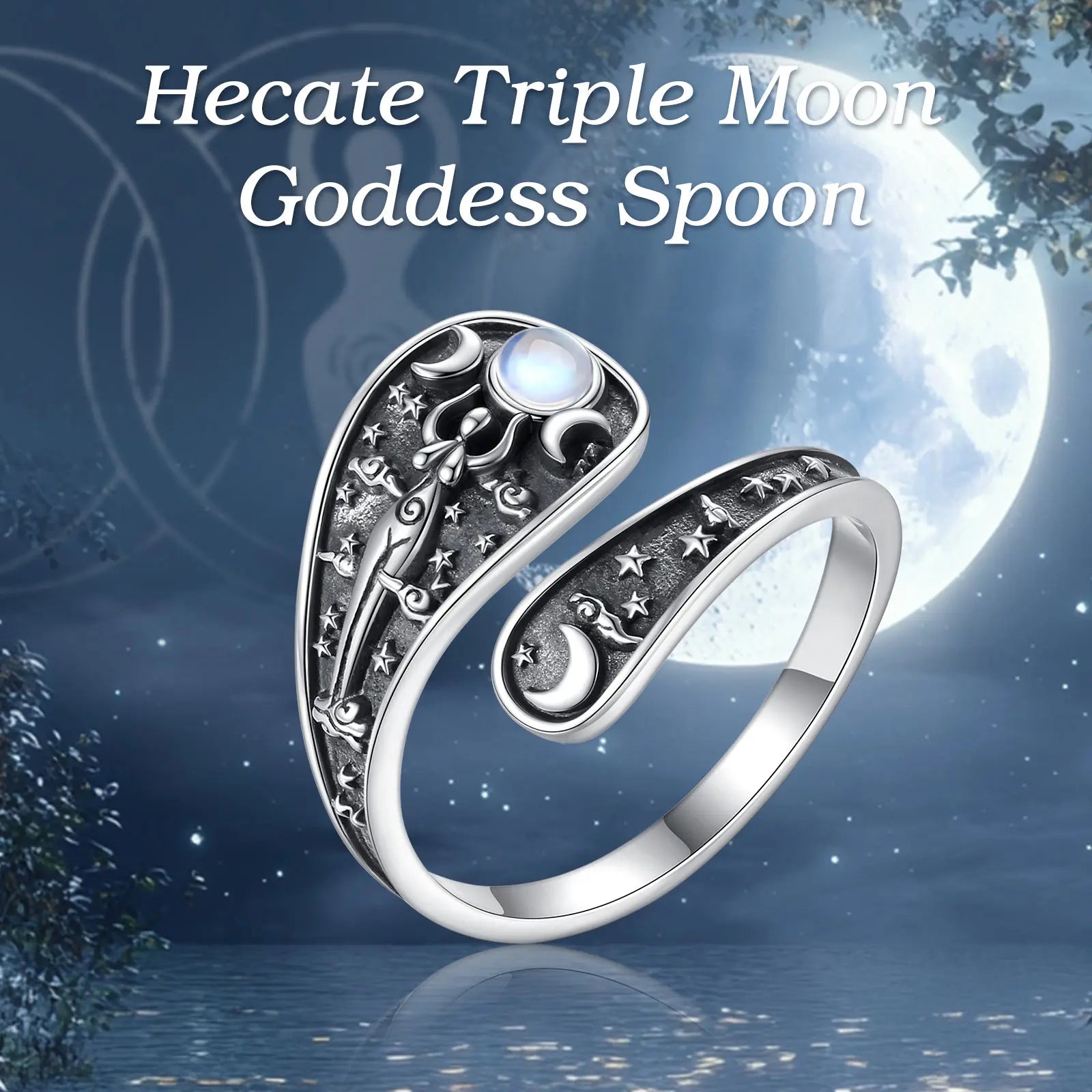 Eudora Verstellbarer Ring aus 925er-Sterlingsilber mit dreifacher Mondgöttin, Mondstein, Hekate, Amulett, Löffelring, Vintage-Schmuck, Geschenk für Frauen