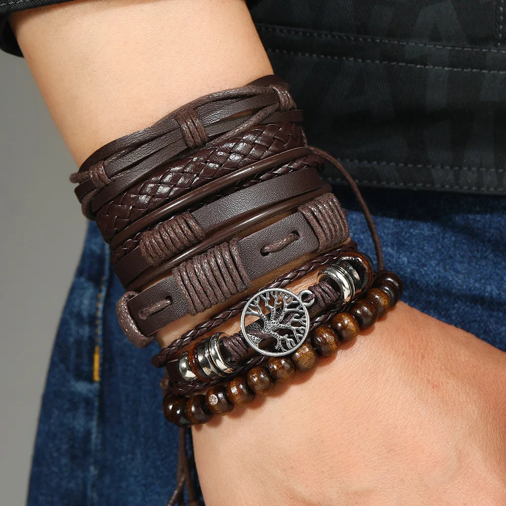 Punk Casual Bead6 Teil/satz Baum Schwarz Khaki Handgemachte Männer Armbänder Männlichen Frauen Leder Armbänder Männer Armreif Großhandel Schmuck Geschenk