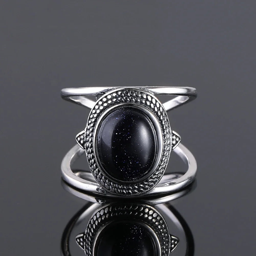 Ring aus 925er-Sterlingsilber, oval, rund, natürlicher blauer Sandstein, Ring für Frauen, Geschenk, Retro-Luxus, edler Schmuck