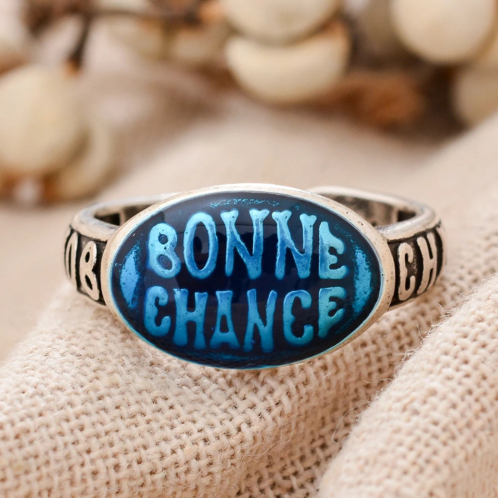 Heißer Verkauf Elegante Farbige Tropfen Glasur Bonne Chance Brief Thai Silber Weibliche Party Ring Schmuck Für Frauen Neue Jahr Geschenke