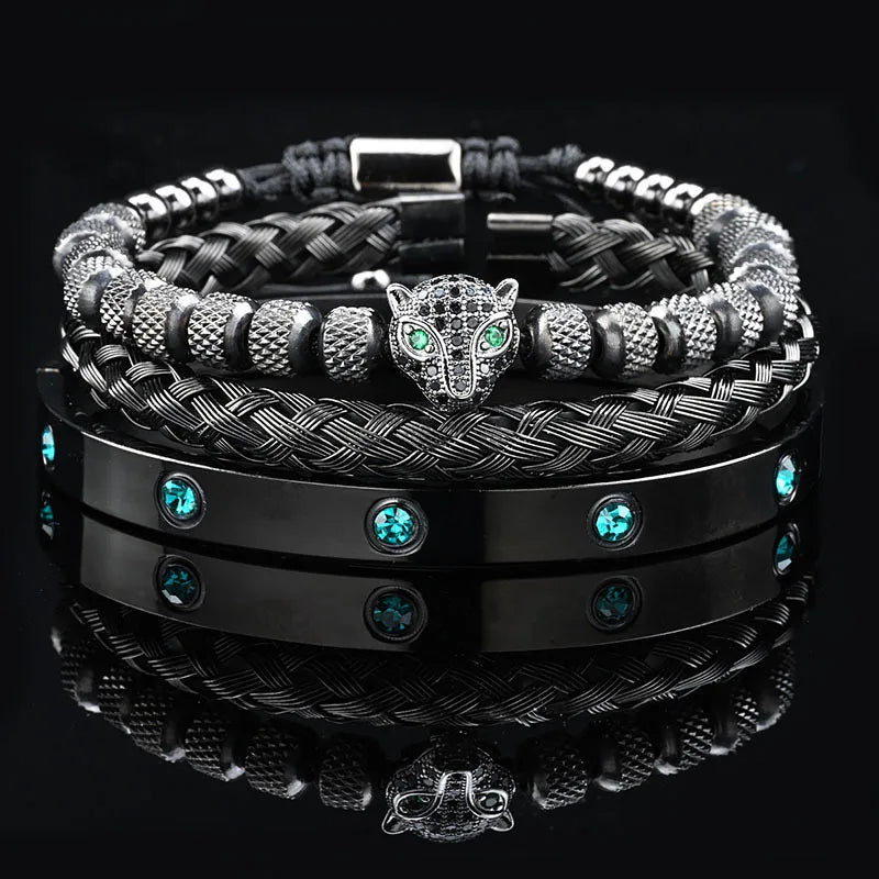 Luxus Schwarz Stein Perlen Leopard Kopf Mann Armband Emaille Edelstahl Römischen Armreifen Frauen Schmuck Set