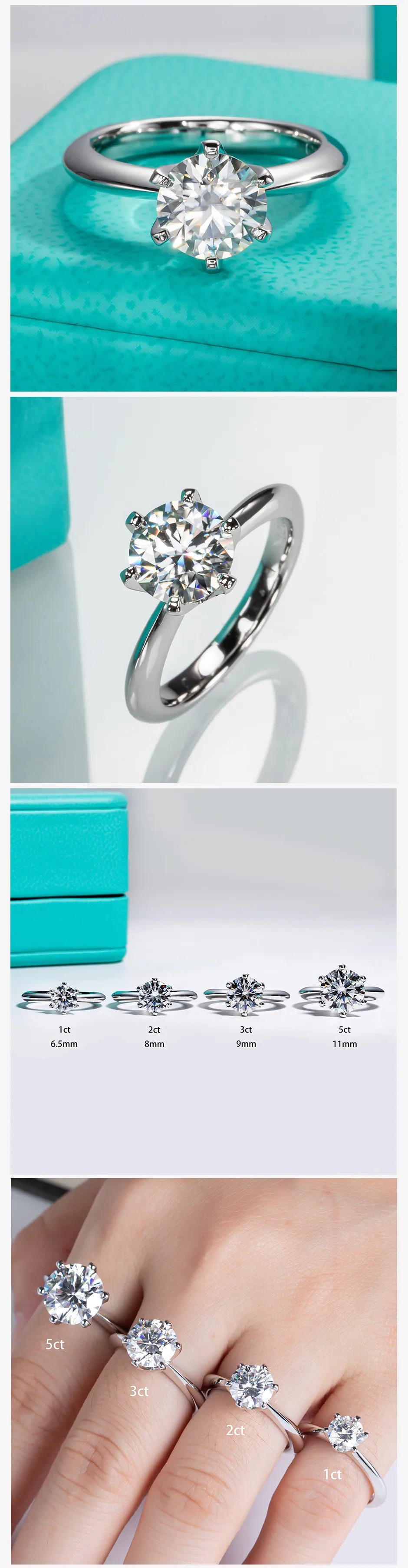 AnuJewel 1ct 2ct 3ct 5ct D Farbe Moissanit Verlobungsring für Frauen 925 Sterling Silber Vergoldet Solitär Ringe Großhandel