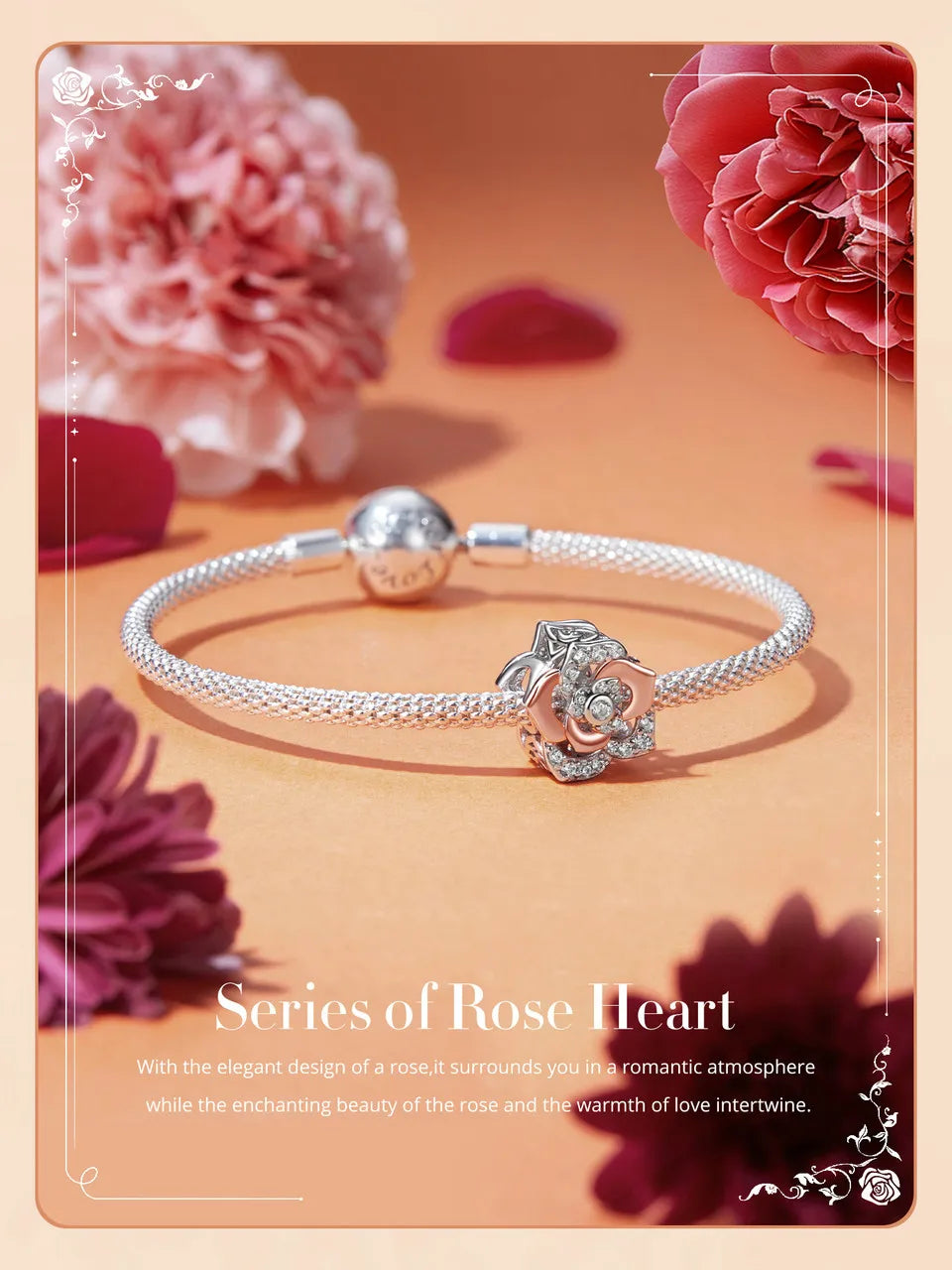 WOSTU Muttertags-Charm aus 925er-Sterlingsilber mit Rosenblüten-Anhänger, Baum des Lebens, Herzperlen, passend für Armbänder, Halsketten, DIY-Geschenk für Mama