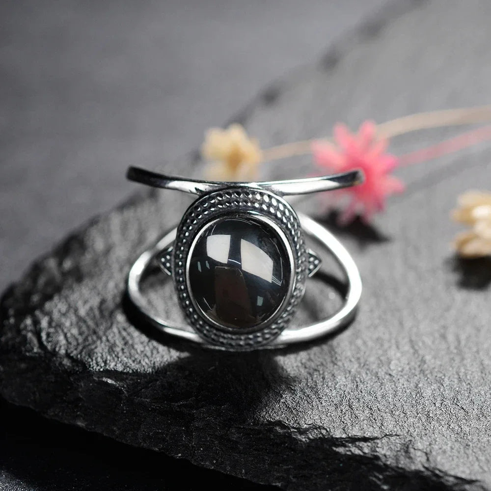 Vintage-Ring aus 925er Silber, natürlicher schwarzer Onyx-Ring, kreisförmiger Denier-Typ, Pferdeauge-Design, Geschenk, edler Schmuck, schwarzer Ring für Männer und Frauen