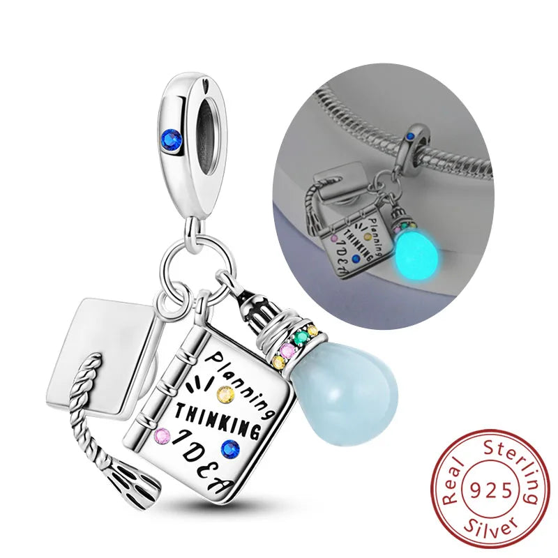 Graduation Series Original Charms Perlen Anhänger 925 Sterling Silber Blumen Kappe Herz Charms für Armband DIY Party Schmuck Geschenk