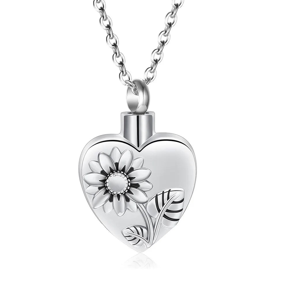 Urnen-Medaillon-Halskette mit Sonnenblumen-Herz, Asche-Halskette aus Edelstahl, Urnen-Halskette für Asche, Erinnerungs-Andenken, Schmuck für menschliches Haustier