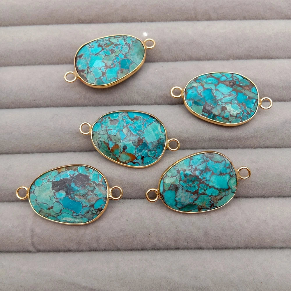 Großhandel 5 Stück natürliche blaue Türkis facettierte Verbindungsperlen ovale Form Gold galvanisierter Doppelring