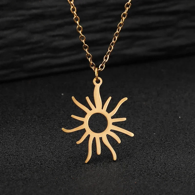 Vintage Hohl Sonne Halsketten Für Frauen Edelstahl Gold Farbe Sonne Anhänger Halskette Femme Luxus Hochzeit Schmuck Geschenk