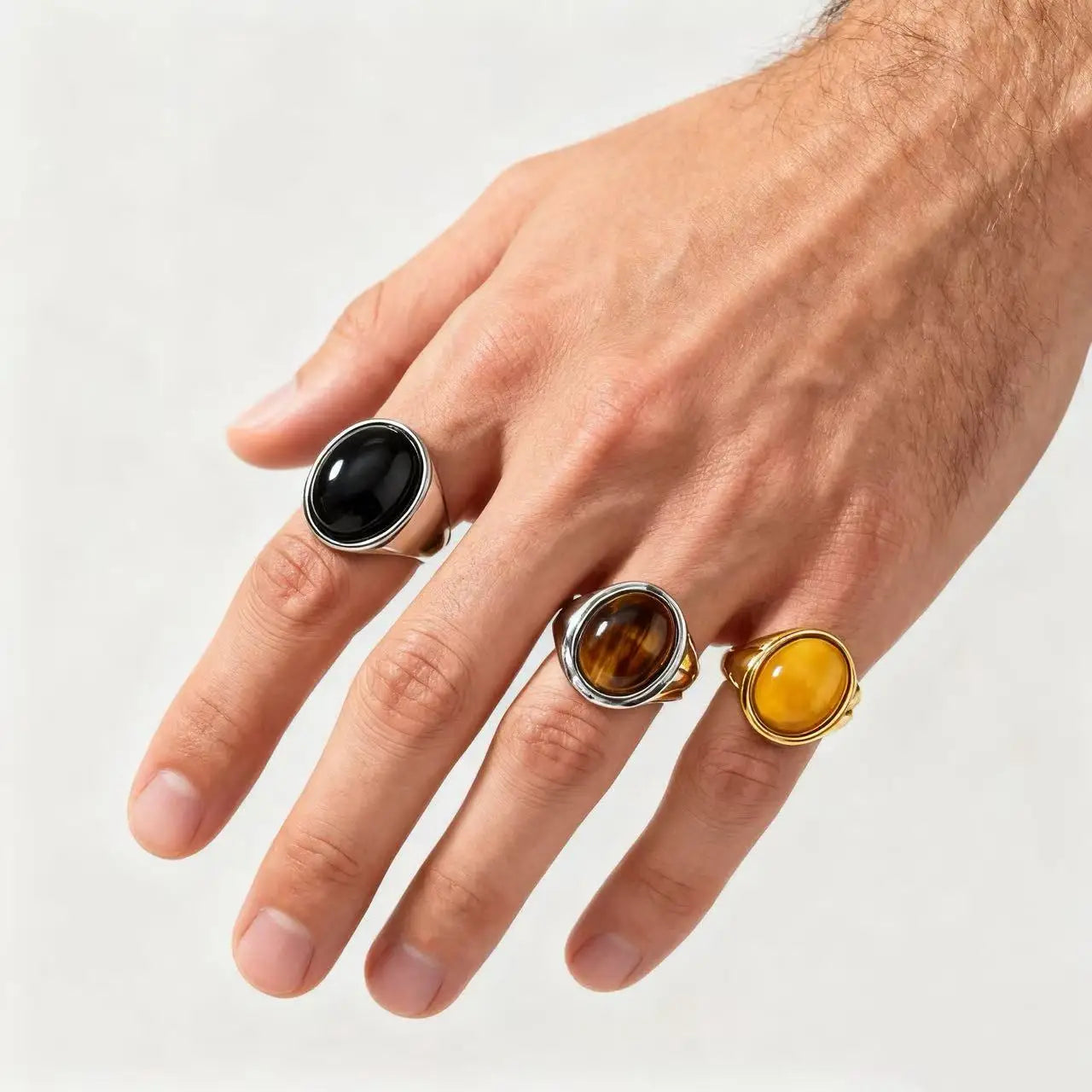 HNSP 316L Edelstahl Oval Naturstein Ring Für Männer Frauen Finger Vintage-Schmuck Schwarz Grün Tigerauge Männliche Ringe