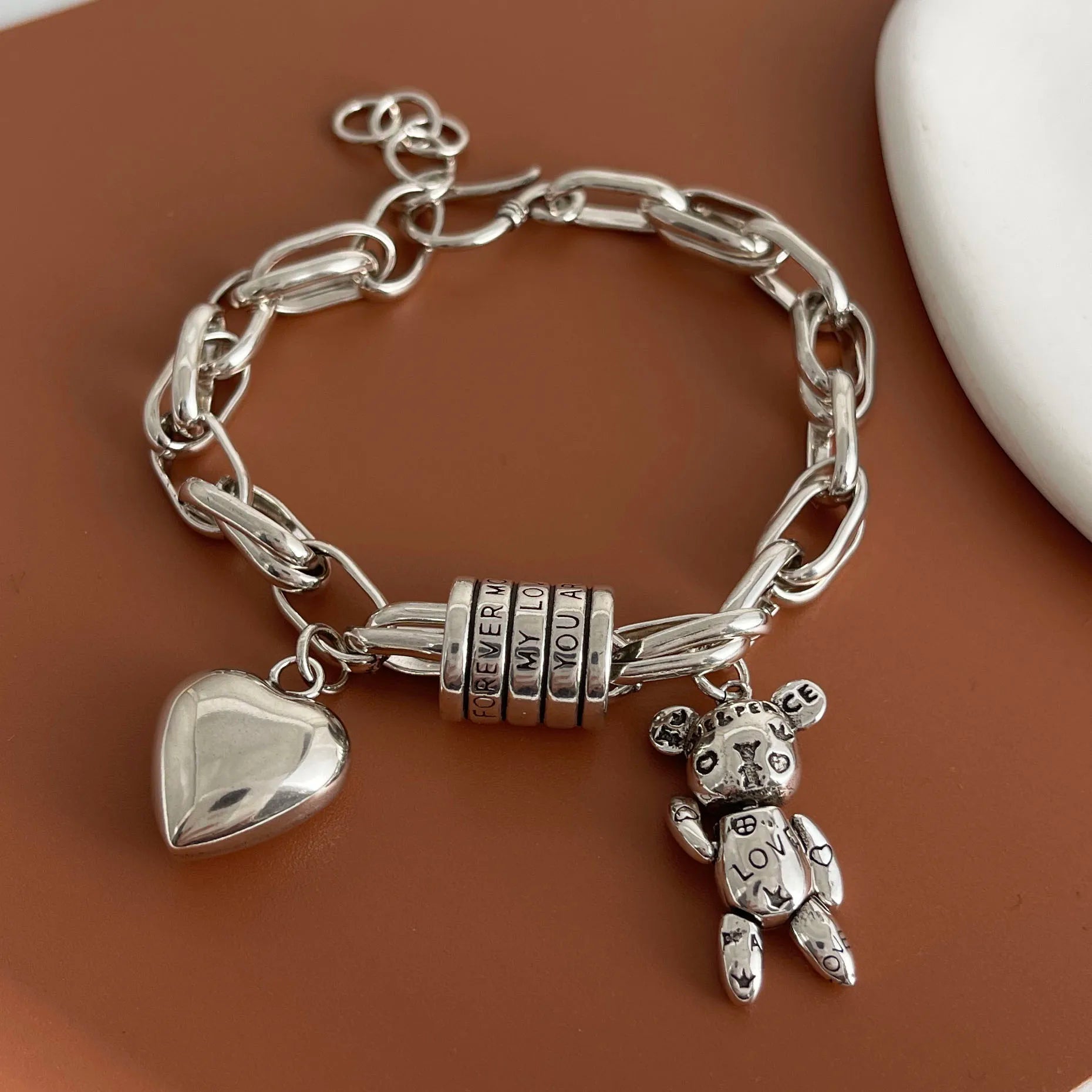 100 % massives 925er-Sterlingsilber-Retro-Armband für Damen und Herren, handgefertigtes Vintage-Herz-Armband, Geburtstagsgeschenk