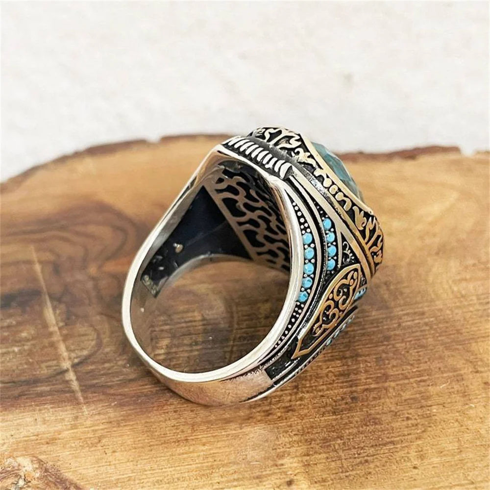 Vintage Herren handgemachte türkische blaue Zirkon Stein Ring alte Silber Farbe Muster Ring trendige islamische religiöse muslimische Schmuck