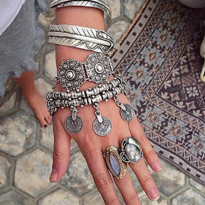 Mode Ethnische Gypsy Paar Armbänder Armreifen Für Frauen Kette Link Münze Charme Quaste Vintage Strand Einstellbare Boho Armbänder