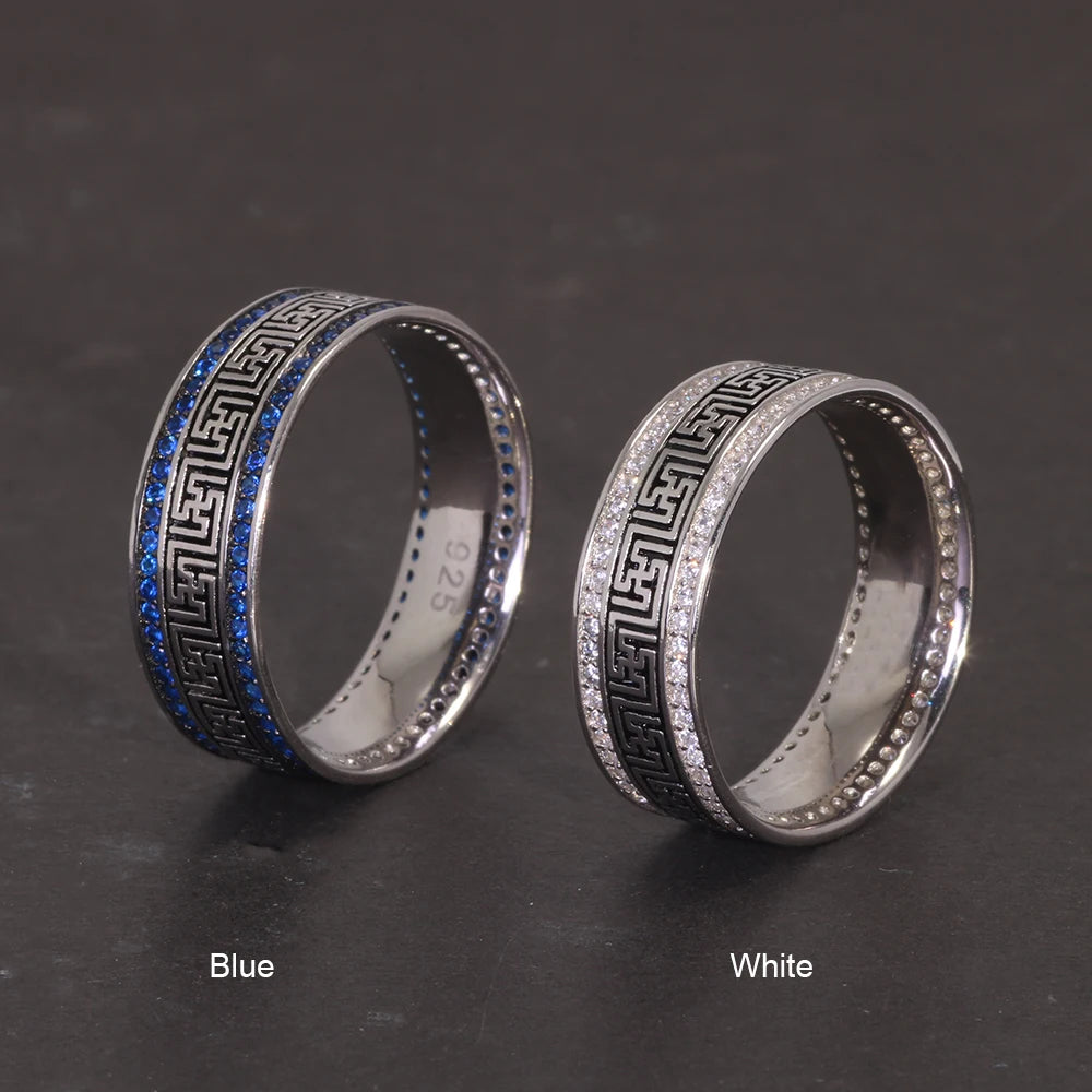Türkische Ringe aus echtem Sterlingsilber 925, für Männer und Frauen mit blauem, rundem Zirkon, Retro-Punk-Ringe, modischer Silberschmuck