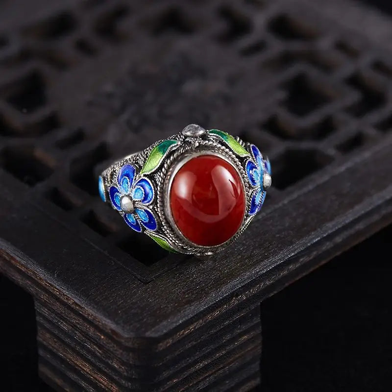 Retro filigran eingelegter roter Ring gebrannter blauer Palast Punk Gothic offener Ring für Frauen handgemachte Unisex Designer Schmuck Accessoires