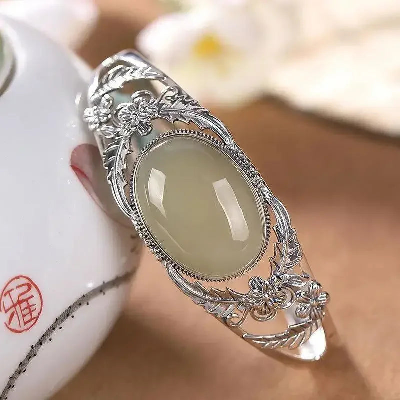 Vintage Silber eingelegte natürliche Hetian Jade Blume Hohl Armreifen für Frauen eleganten Ethno-Stil Hochzeit Verlobung Schmuck