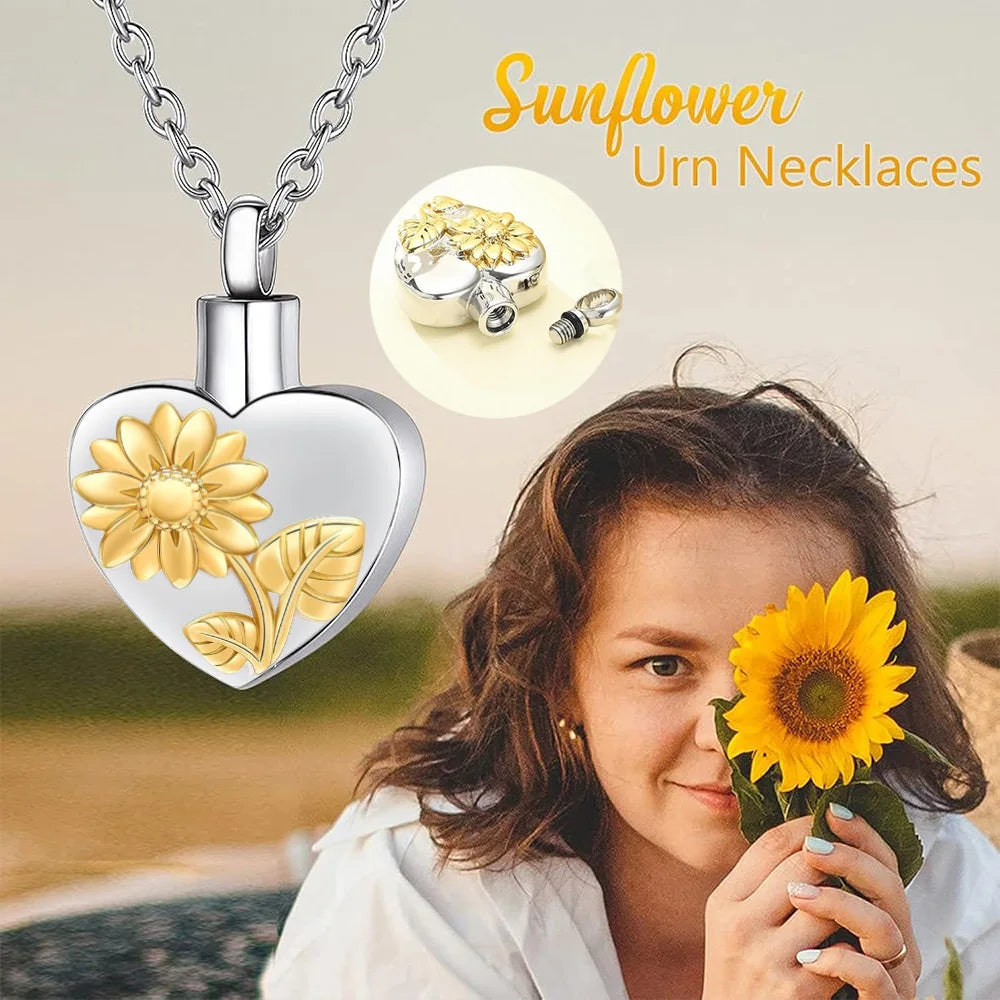 Urnen-Medaillon-Halskette mit Sonnenblumen-Herz, Asche-Halskette aus Edelstahl, Urnen-Halskette für Asche, Erinnerungs-Andenken, Schmuck für menschliches Haustier