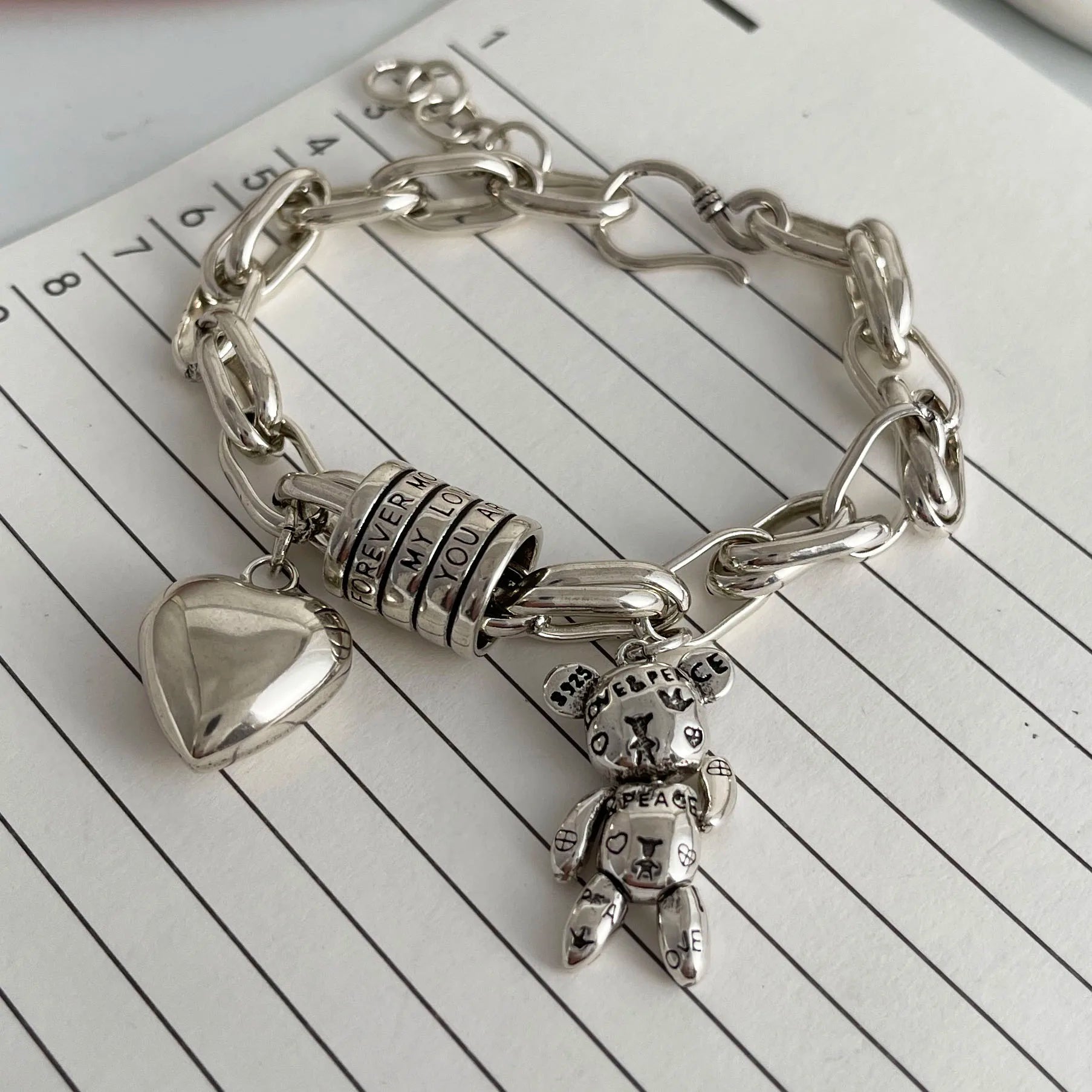 100 % massives 925er-Sterlingsilber-Retro-Armband für Damen und Herren, handgefertigtes Vintage-Herz-Armband, Geburtstagsgeschenk