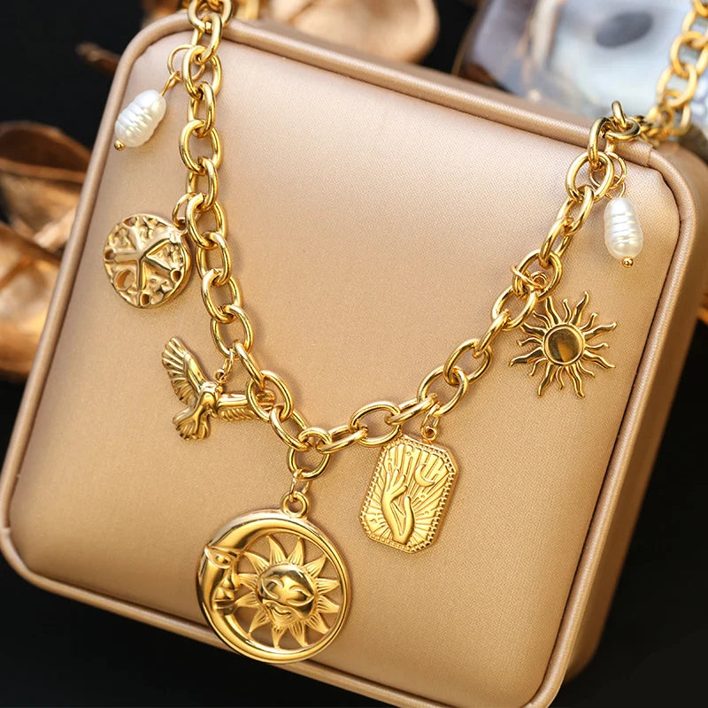 EILIECK 316L Edelstahl Sonne Herz Blume Anhänger Halskette 18K vergoldet Zubehör Charme handgemachten Schmuck für Frauen Mädchen