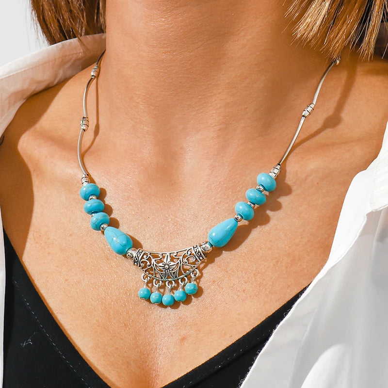 Ethnische Antike Silber Farbe Mond Choker Halsketten für Frauen Boho Türkis Halskette Mädchen Partei Schmuck Geschenke