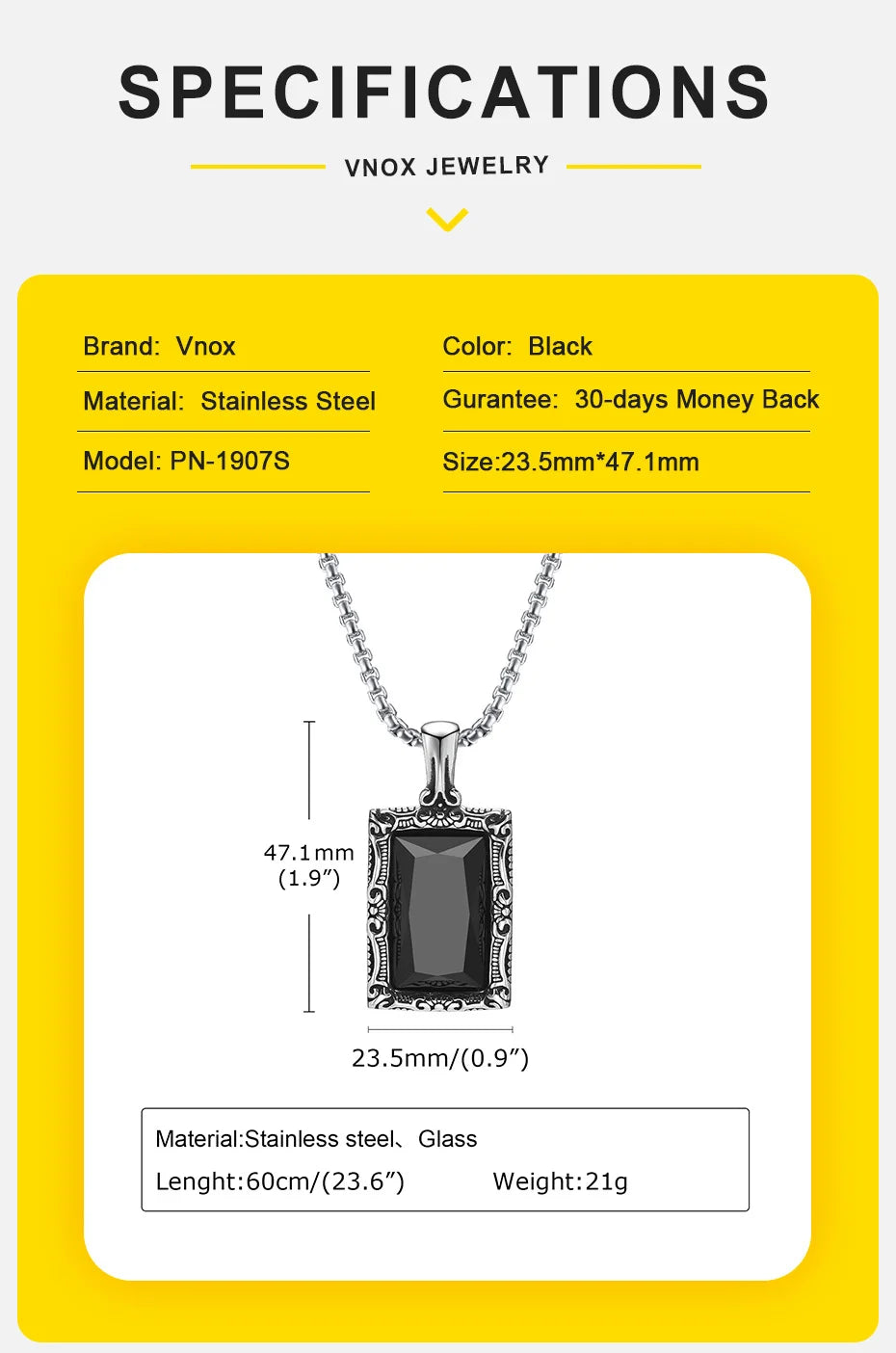 Vnox Black Square Stein Halsketten für Männer, Retro Silber Farbe Edelstahl geometrischen Anhänger Kragen mit Box Kette