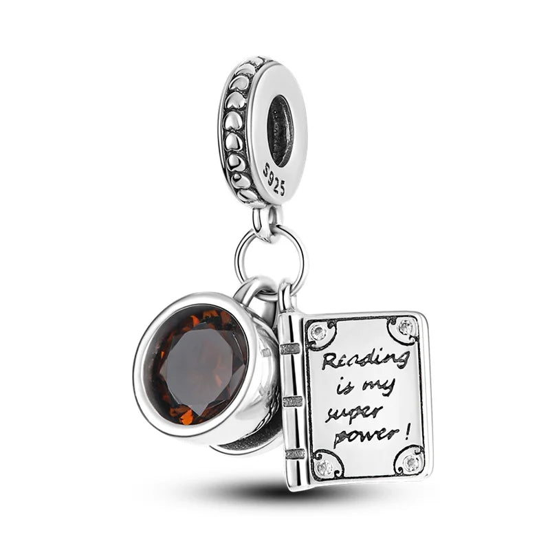 Echtes 925 Sterling Silber Buch Und Kaffeetasse Charms Fit Original Pand 3mm Armband Anhänger Perlen Frauen Edlen schmuck