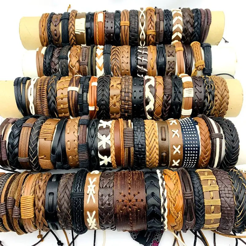 10/20/30/50/100PCs Leder Manschette Armbänder Handgemachte Retro Armreif Armbänder Schwarz/Braun Mode schmuck Party Geschenk Großhandel Lot