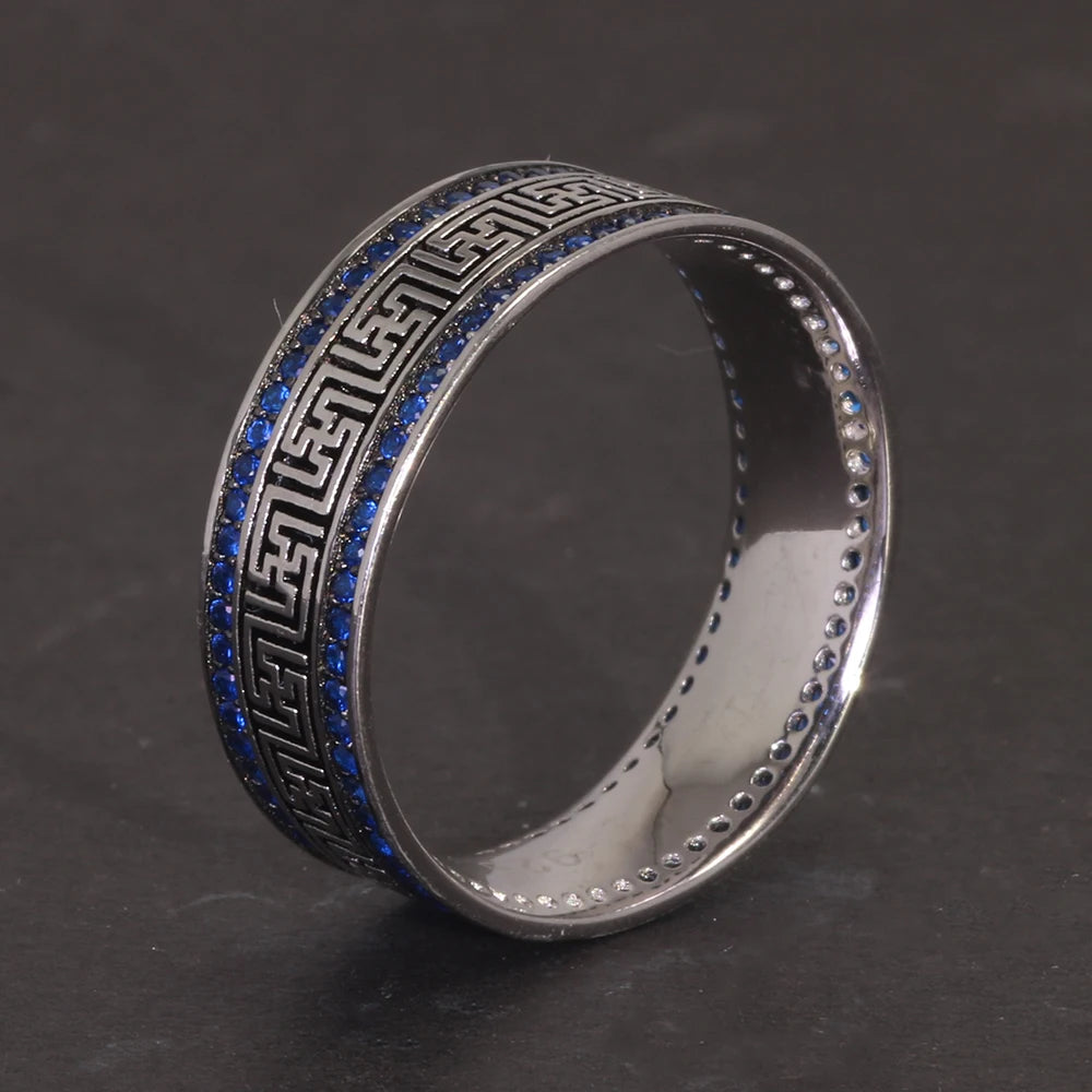 Türkische Ringe aus echtem Sterlingsilber 925, für Männer und Frauen mit blauem, rundem Zirkon, Retro-Punk-Ringe, modischer Silberschmuck