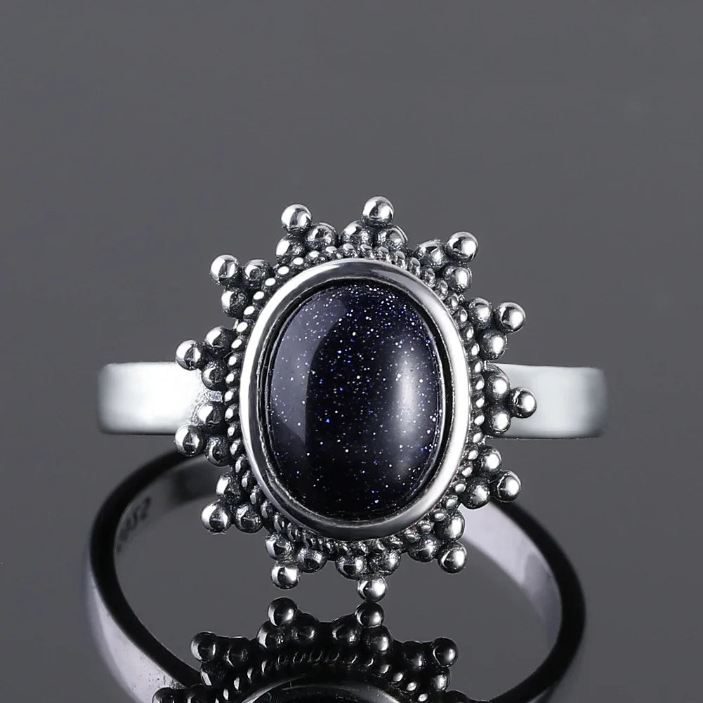 Ring aus 925er-Sterlingsilber, oval, rund, natürlicher blauer Sandstein, Ring für Frauen, Geschenk, Retro-Luxus, edler Schmuck