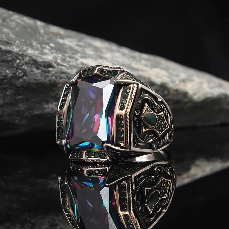 Vintage Handgemachte Türkische Signet Ring Für Männer Frauen Alte Silber Farbe Geschnitzte Ring Rot Gelb Zirkon Inlay Punk Motor Biker