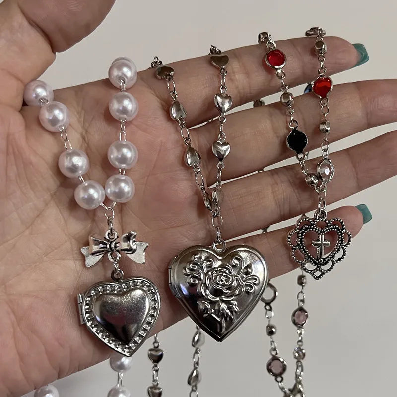 Y2K Weiße Imitation Perle Halskette Große Liebe Herz Mit Blumenmuster Anhänger Halsband Frauen Halskette Schmuck Mädchen