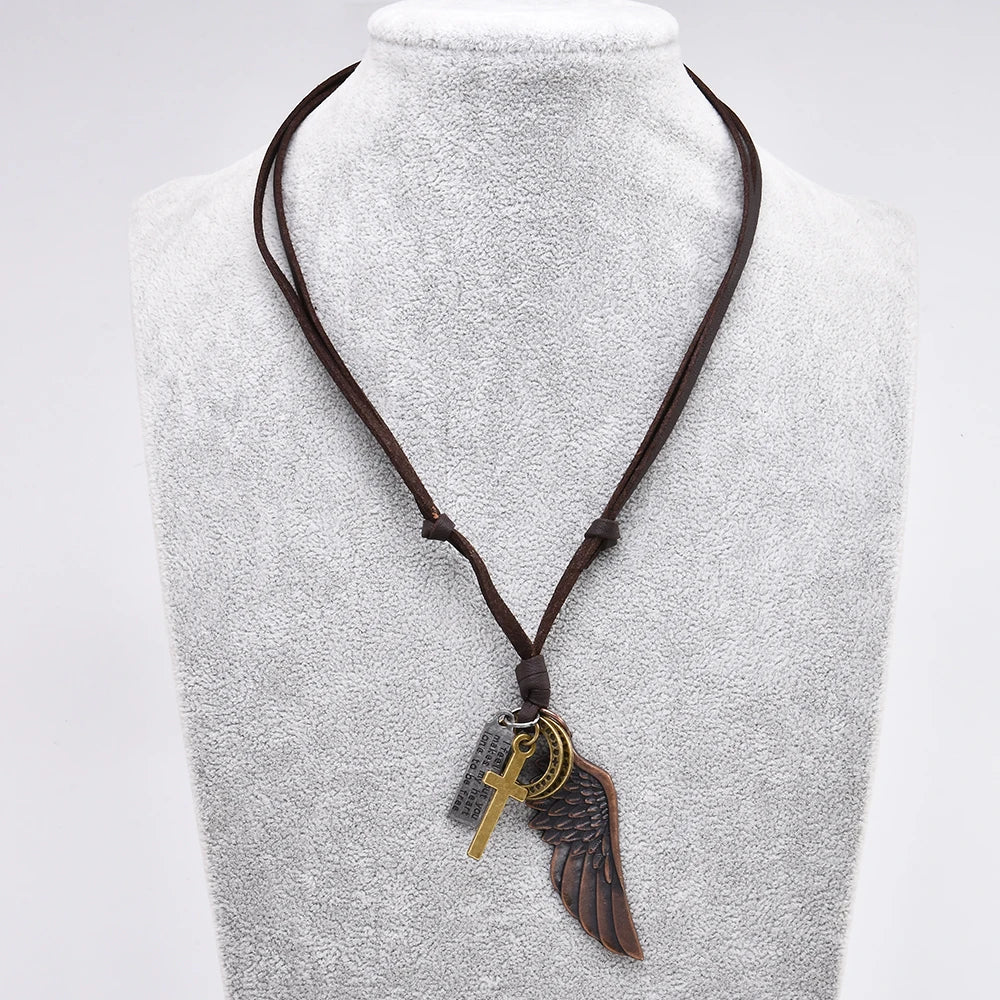 Feder-Engelsflügel-Halskette und Anhänger, Vintage-Stil, braunes Leder, für Damen und Herren, Schmuck, Jungen-Halskette, Statement-Halskette