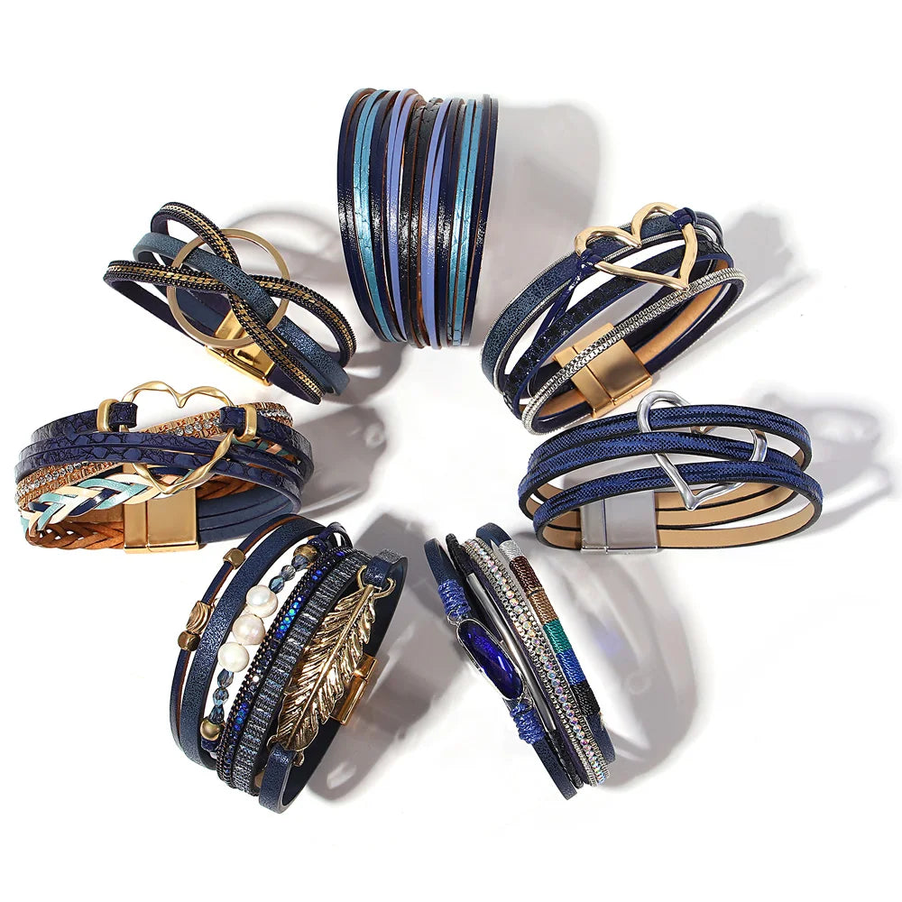 ALLYES Retro Blaue Lederarmbänder für Damen Herren Boho Charm Perle Kristall Herz Mehrschichtiges Wickelarmband & Armreif Schmuck Geschenke