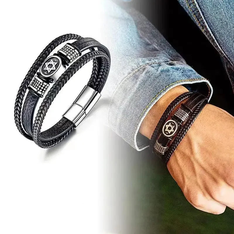 Vintage handgewebtes umweltfreundliches Leder-Kreuzarmband mit Magnetverschluss, modischer Anhänger für Herren, religiöser Amulett-Schmuck