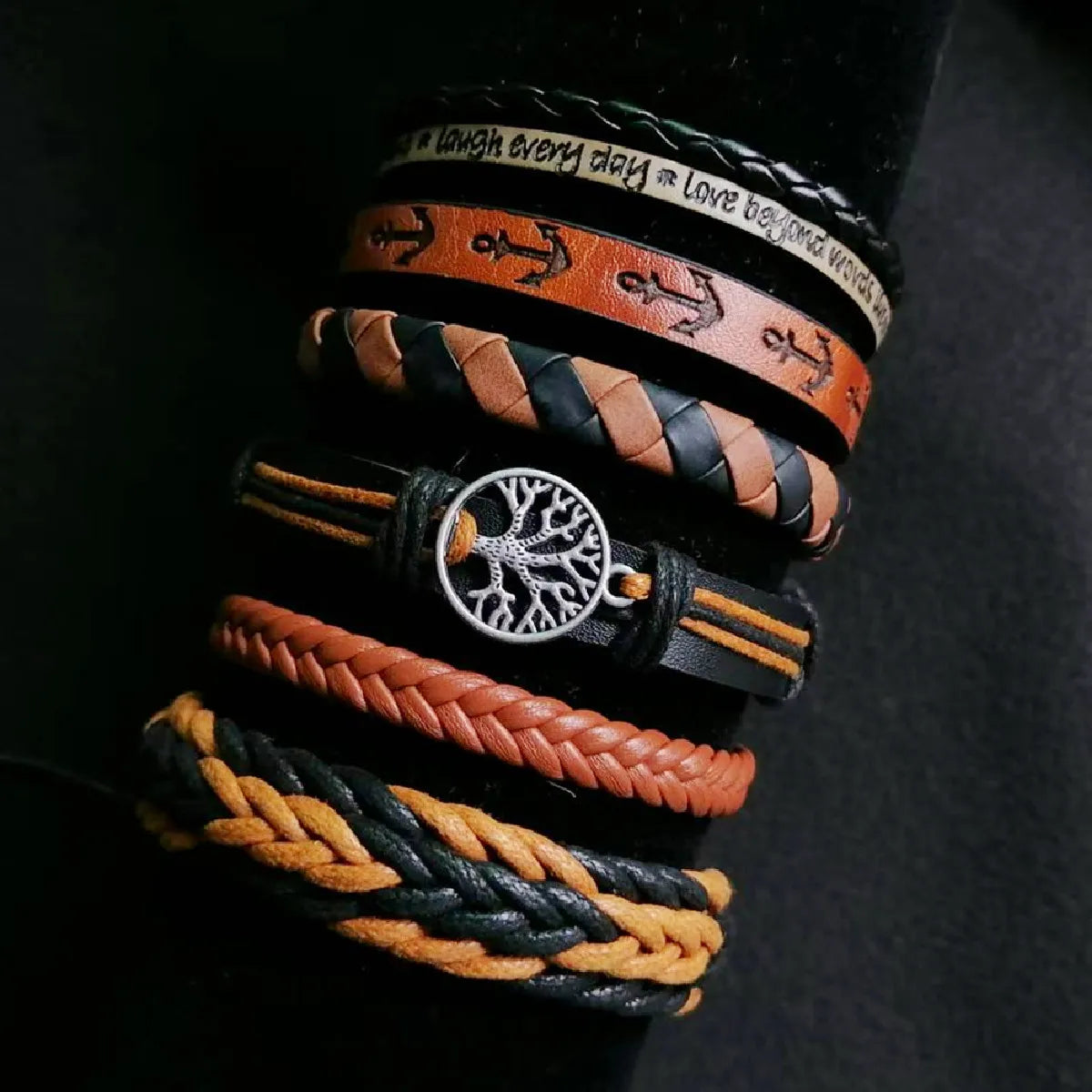 Punk Casual Bead6 Teil/satz Baum Schwarz Khaki Handgemachte Männer Armbänder Männlichen Frauen Leder Armbänder Männer Armreif Großhandel Schmuck Geschenk