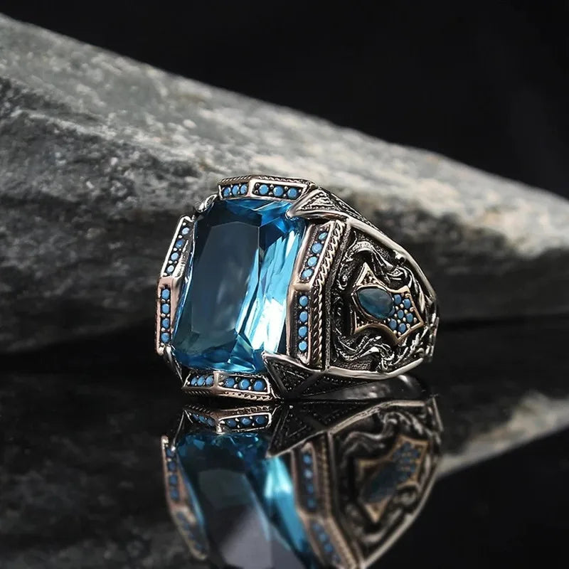 Vintage Handgemachte Türkische Signet Ring Für Männer Frauen Alte Silber Farbe Geschnitzte Ring Rot Gelb Zirkon Inlay Punk Motor Biker