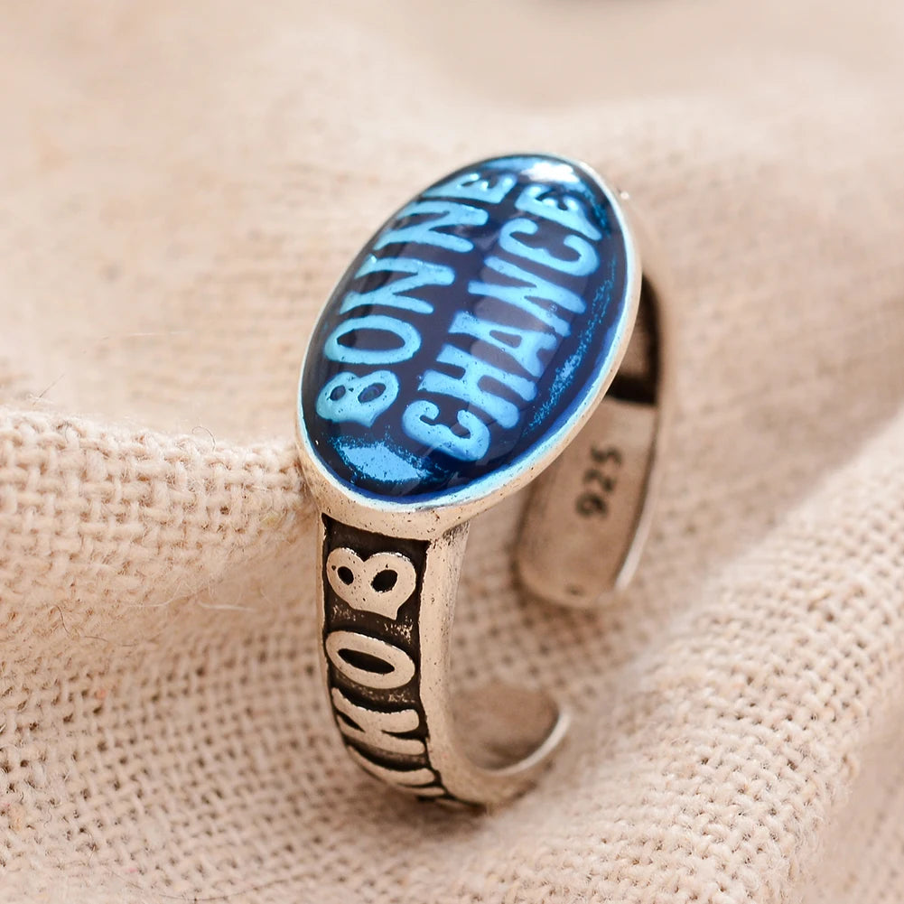 Heißer Verkauf Elegante Farbige Tropfen Glasur Bonne Chance Brief Thai Silber Weibliche Party Ring Schmuck Für Frauen Neue Jahr Geschenke