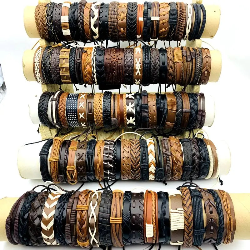 10/20/30/50/100PCs Leder Manschette Armbänder Handgemachte Retro Armreif Armbänder Schwarz/Braun Mode schmuck Party Geschenk Großhandel Lot